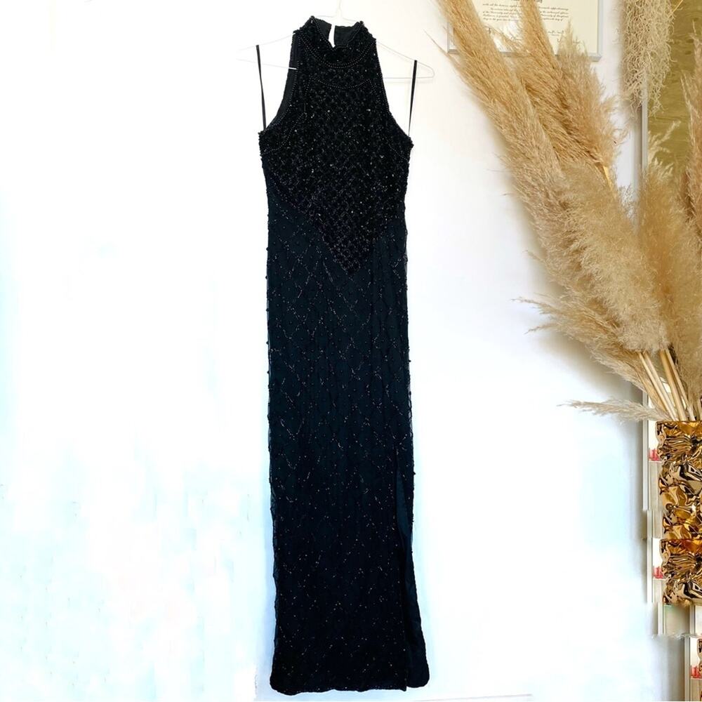 VINTAGE LAURENCE KAZAR Black Beaded Sequins Bodycon Formal Gown Maxi Dress M